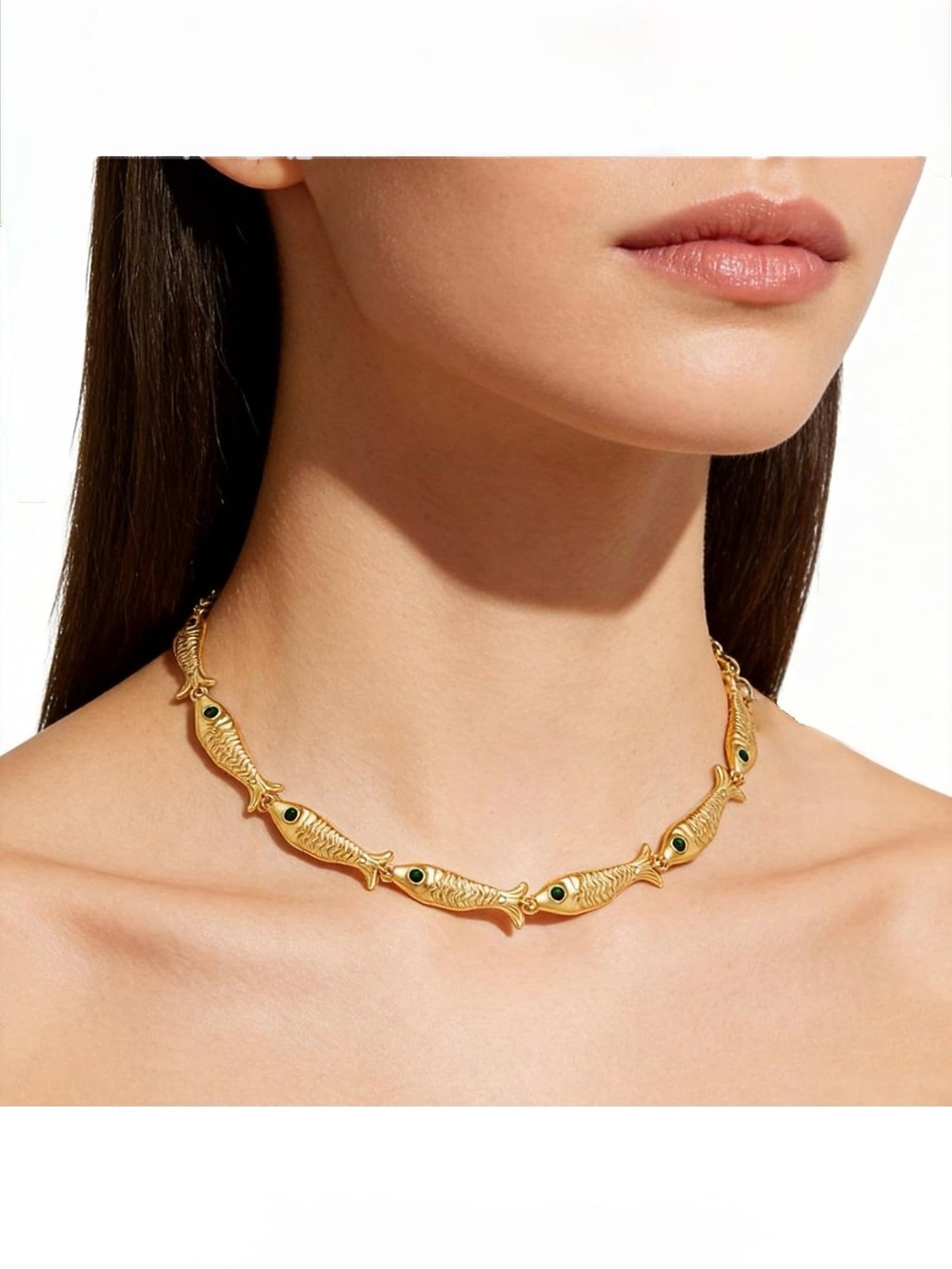 GO FISH Coastal NECKLACE Gold-Tone Fish Link with Green Accent NWOT